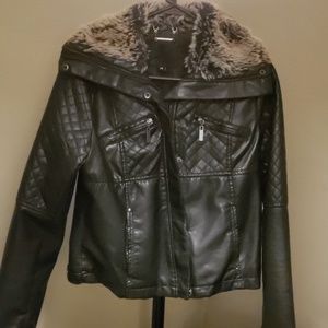 Faux fur and leather biker jacket